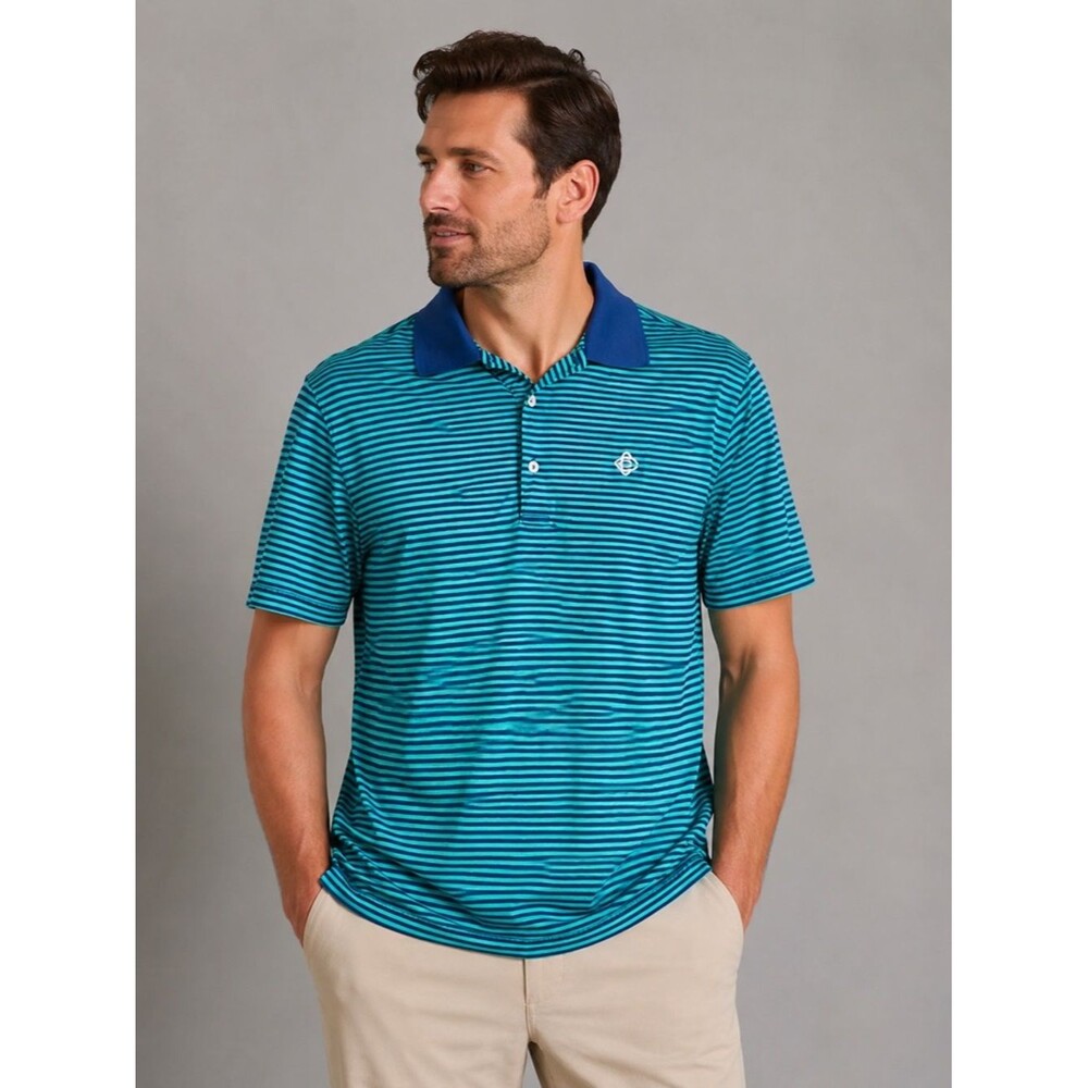 Peter Millar Men’s Medium Blue Green Striped Polo Shirt 100% Cotton Embroidered